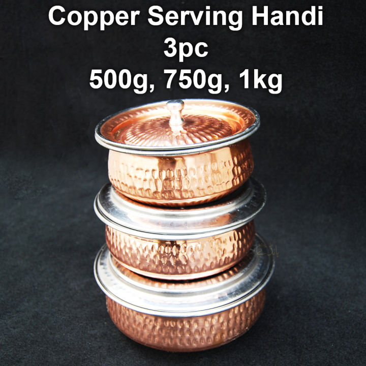 Copper Handi set 3pc | for Serving | 500g, 750g, 1kg capacity | 6, 7, 8 Inch | Hammered Design
