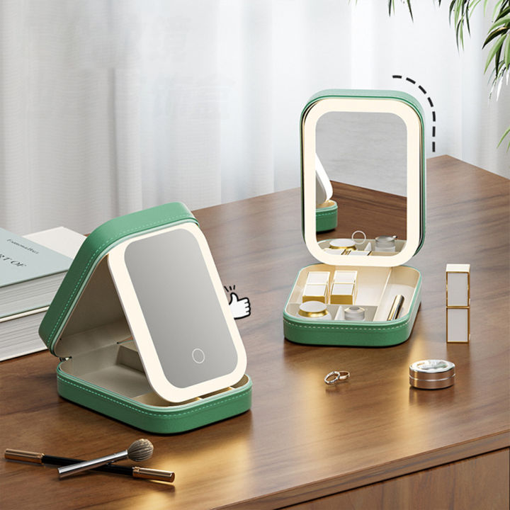 Makeup Storage Box With Led Light Mirror Portable Travel Cosmetics Storage Box Touch Light Storage Organizer For Bedroom Camping Travel