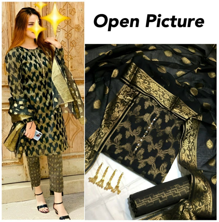 Sastaae 3 Pieces Unstitched Cotton Jacquard  Paper Cotton Banarsi Shirt, Trouser And Dupatta With Neckline And Tussles Trendy Party Wear Suit For Women & Girls Unstitched Fabric For Women