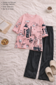 Soft Cotton Jersey Pajama Set for Women (S–XL) & Kids (7–14 Years) – Pink Floral T-Shirt & Trouser | Feel-Good Homewear with Pocket Print. 