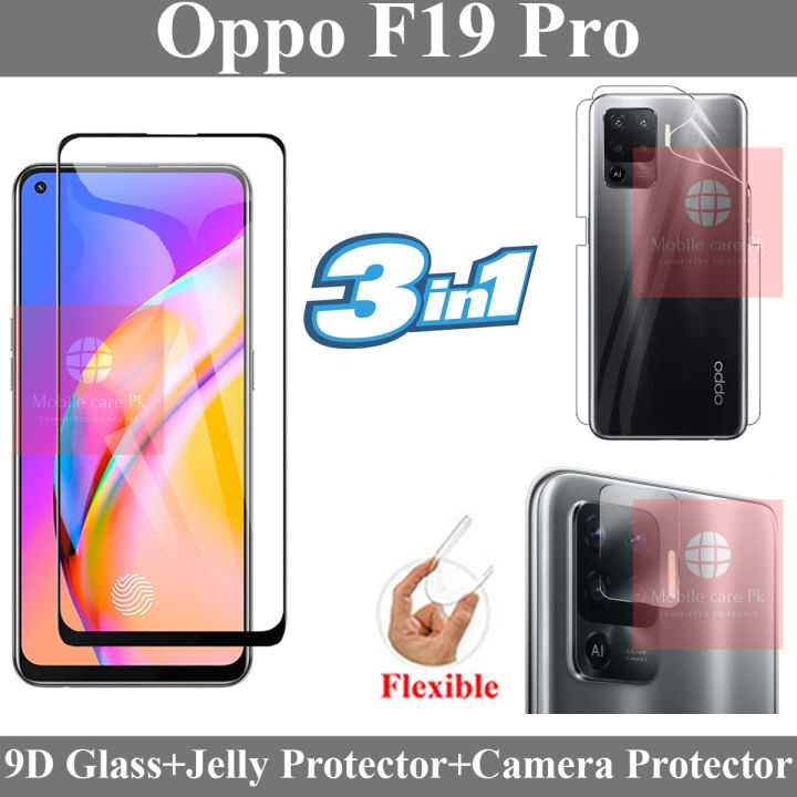 Oppo F19 Pro 9D Glass Protector Tempered Glass Edge To Edge + Back Jelly Protector Poly Transparent Edge To Edge Sides Coverage + Camera Lens Protector Flexible Gorilla 9H Rear Camera Protector For Oppo F19 Pro
