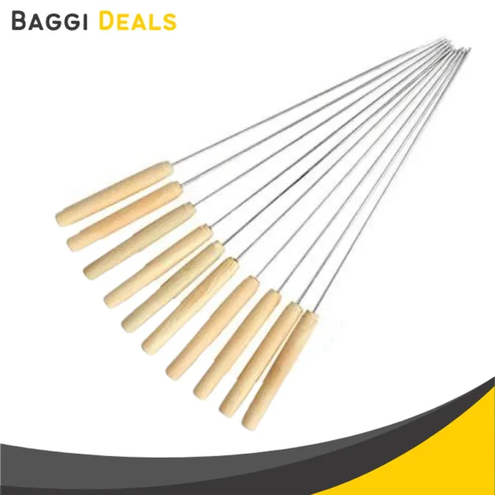 BBQ Skewers Sticks Stainless Steel with Wood Handle for Roast Barbecue Cooking Tool - Pack of 12