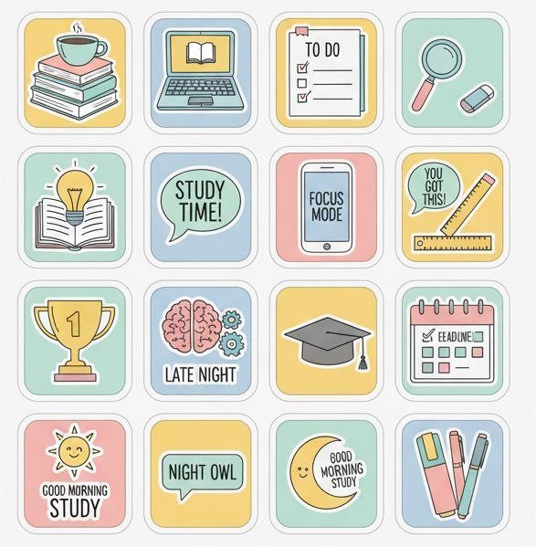 Study Stickers Designs pack of 16 stickers Study gram Planner Stickers Study Motivation 2 inch x 2 inch each size Student Sticker  Academic Planner & Journal Decals Laptop & Mobile Back Cover Cute Study Icon Stickers Back to School Time Essentials Sticker