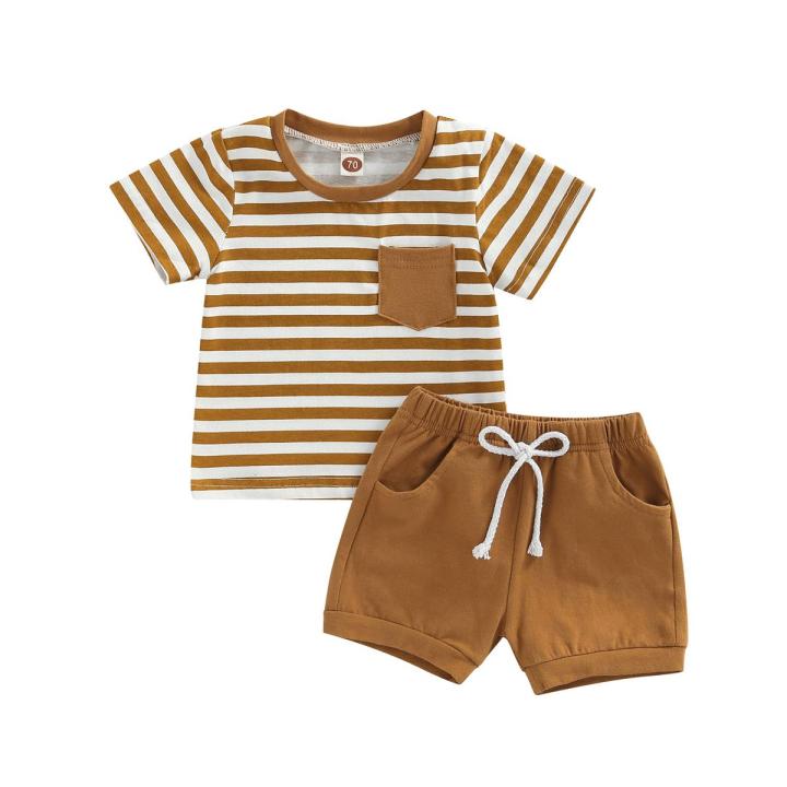 Baby Boys Short Set, Short Sleeve Stripes T-shirt with Elastic Waist Shorts Summer Outfit