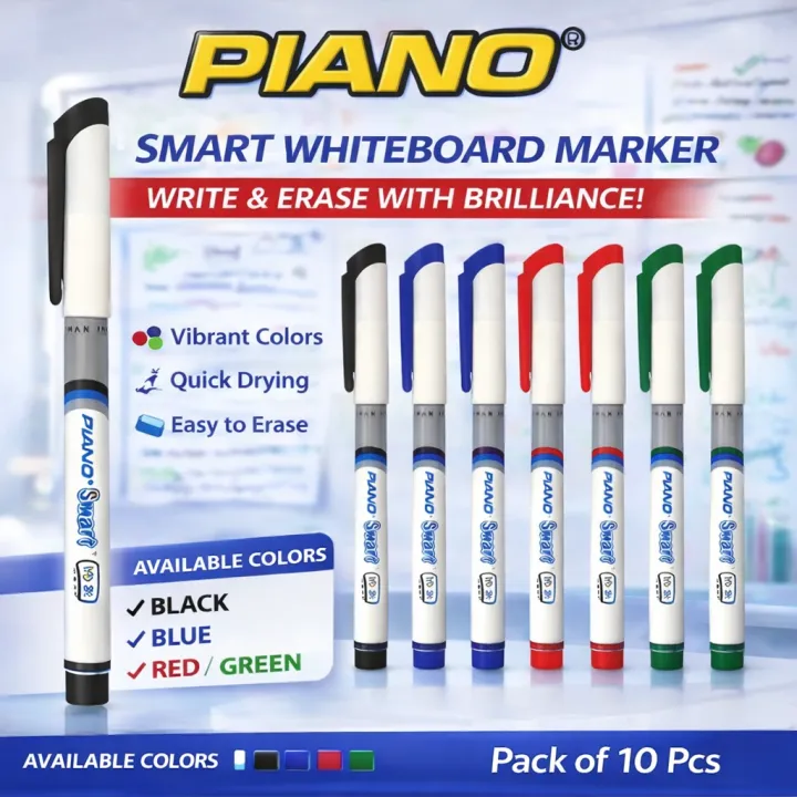 PIANO%20Smart%20Wipe%20Easy%20Whiteboard%20Marker,%20Dry%20Erase,%20Refillable%20-Pack%20of%2010%20Pcs%20-%20Image%202