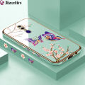 Jizetin (Free Lanyard) for OPPO F11 Back Cover Peach Blossom and Butterfly Luxury 6D Plating Case Side Pattern Soft Silicone Square Mobile Phone Cases. 