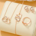 4Pcs Rose Gold Zircon Heart Necklace Earrings Bracelet Ring Jewelry Set For Girls Fashion Party Jewelry Daily Wear Zirconia Heart Jewelry Set. 