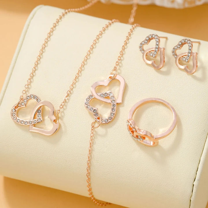 4Pcs%20Rose%20Gold%20Zircon%20Heart%20Necklace%20Earrings%20Bracelet%20Ring%20Jewelry%20Set%20For%20Girls%20Fashion%20Party%20Jewelry%20Daily%20Wear%20Zirconia%20Heart%20Jewelry%20Set%20-%20Image%203