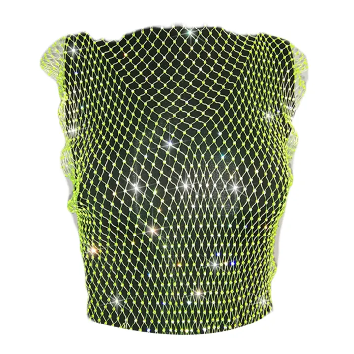 Ladies%20Mesh%20Midriff-baring%20Tops,%20Women%20Leisure%20Style%20Rhinestone%20Decoration%20Round%20Collar%20Sleeveless%20Hollow%20Perspective%20Tank%20Top%20-%20Image%209
