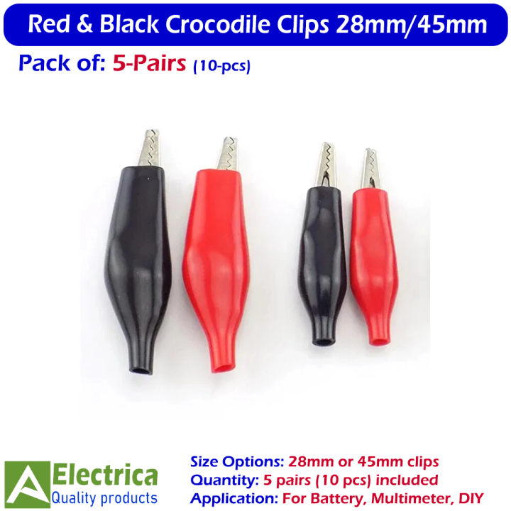 Red & Black Crocodile Clips 28mm/45mm – Strong Alligator Clamp Connectors for Battery, Multimeter & DIY Electronics (5 Pairs or 10 Pcs) by Electrica