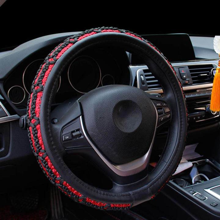 15 Steering Wheel Cover, Breathable Decoration Hand Woven Cover ,Self Driving Tours ,SUV , Red