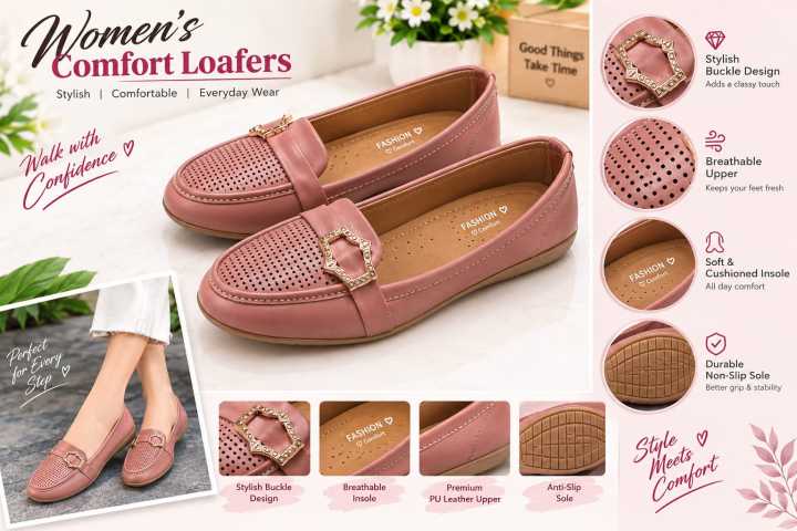 Women%E2%80%99s%20Brown%20&%20Baby%20Pink%20Loafers%20%7C%20Gold%20Buckle%20Perforated%20Slip-On%20Casual%20Shoes%20JOJO%20Shoes%20-%20Image%204
