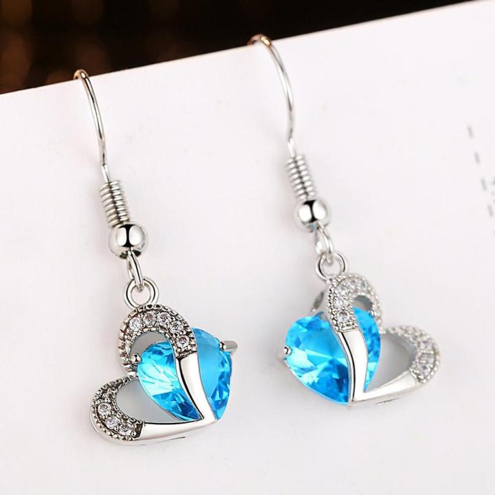Fashion Jewellery Silver Color Model WLE51 Heart Copper Spike Blue Zircon Drop Earrings Blue Korean Earring Girls Shiny Transparent Earrings For Women / Girls