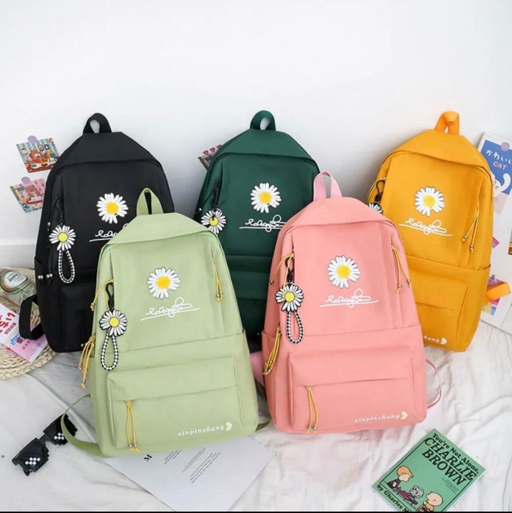 4pcs/Set Student School Bag Backpack Flower Daisy Printing Large Capacity Canvas Backpack INS Simple Crossbody Bag For Teenager
