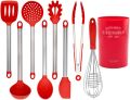 8pcs red Silicone Stainless Steel Utensils Set Small Silicone Stainless Steel Cooking Utensils Kitchen Supplies Set (red). 