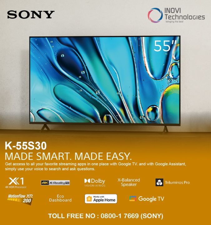 SONY BRAVIA 55" Inch TV K-55S30 4K Ultra High Definition (UHD) High Dynamic Range (HDR) Smart Google LED TV With 1 Year Brand Warranty