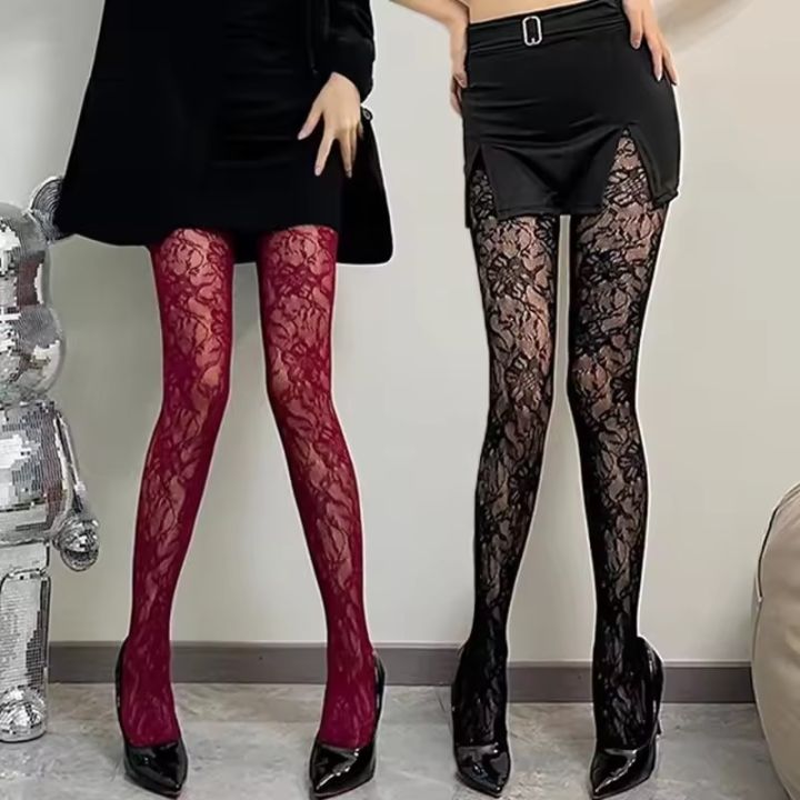 Retro%20Flower%20Pattern%20Women's%20Sexy%20Pantyhose%20Stocking%20Slim%20Elastic%20Lace%20Mesh%20Fishnet%20Socks%20Leggings%20Lolita%20Red%20Black%20Tights%20Stocking%20-%20Image%202