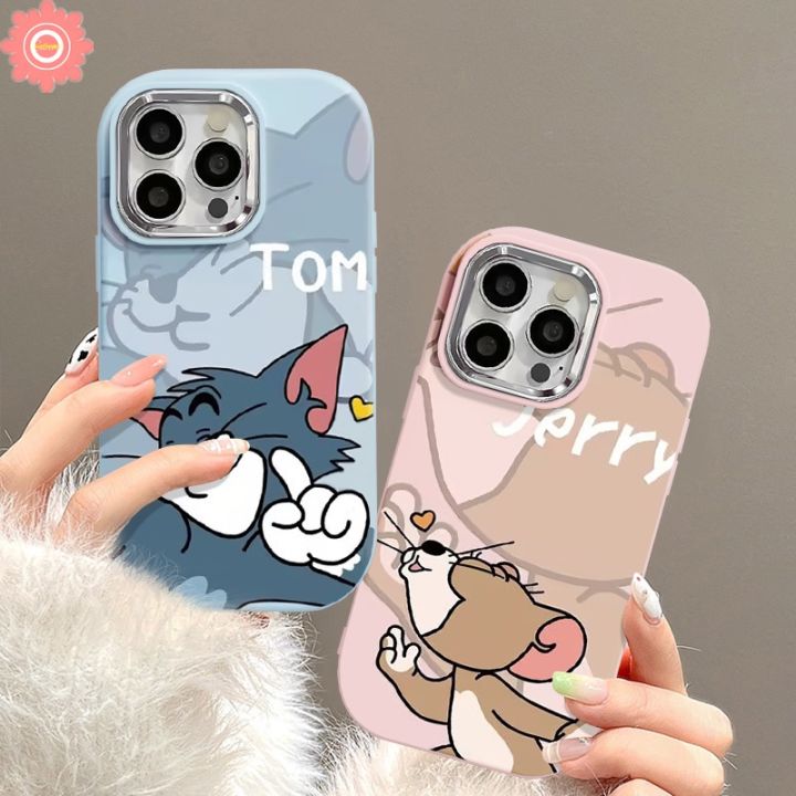 Cartoon Tom Jerry Love Heart Cute Cat Mouse Couples Case Compatible for iPhone 15 11 13 14 12 Pro Max 7Plus XR 8 7 Plus XS X Max Luxury Plating Metal Lens Frame Anti Knock Soft Cover
