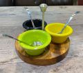 Sauce Serving Set Small Sauce Bowl MELAMINE WITH SPOON Server 3-Way WOODEN BASE/Serving Bowl ,Sauce Dishes, Sauce Dipping Bowls 3pcs Divided Sauce Plates. 
