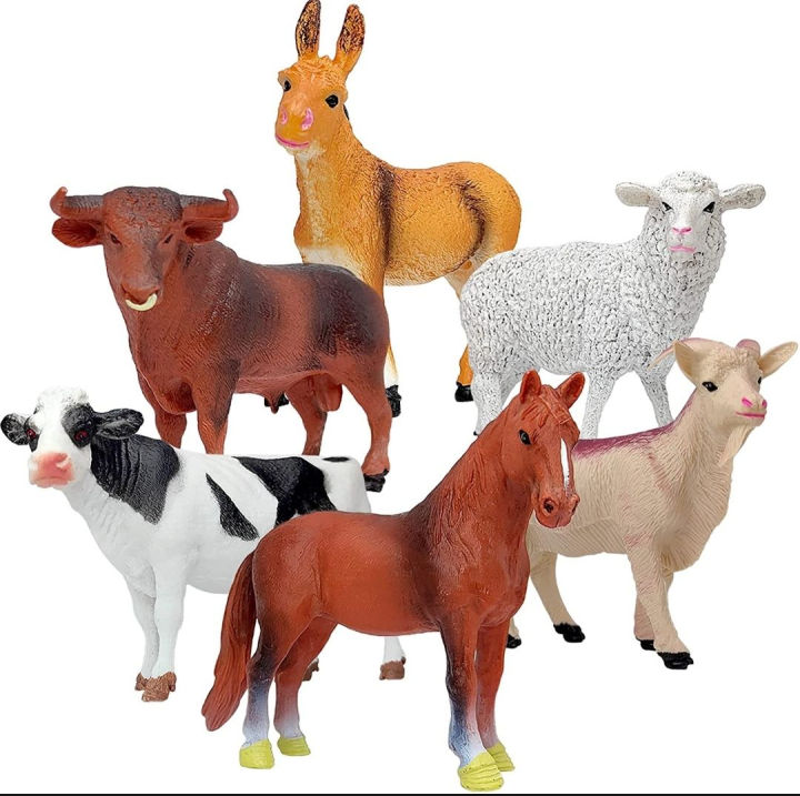 Pack of 6 Realistic form Animal Toy Collection - Large Size Soft plush Zoo Set with Cow Goat - Perfect Rubber Zoo set for kids