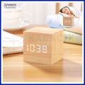 Mini Cube Wooden Clock Voice Control Electronic Desk Clock with LED Digital Table Watch Snooze Cute Alarm Clock. 