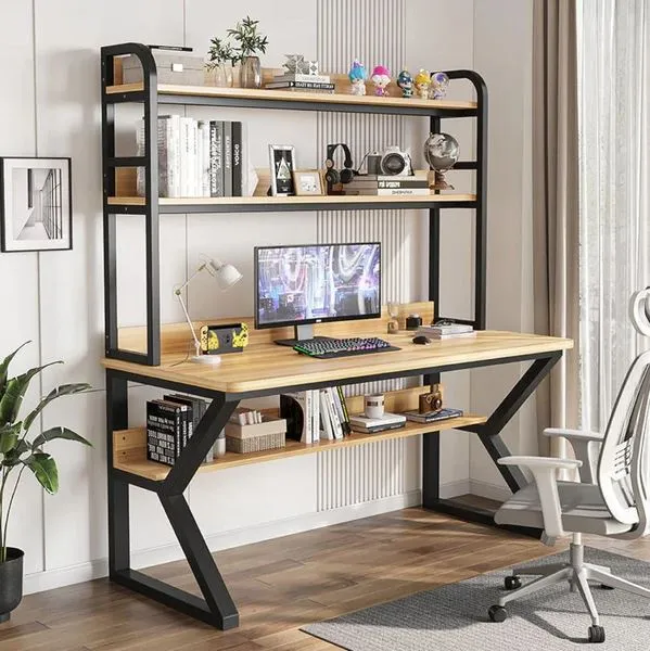 Computer Tables, Metal Frame Wood Home Office Table with Bookshelf ...