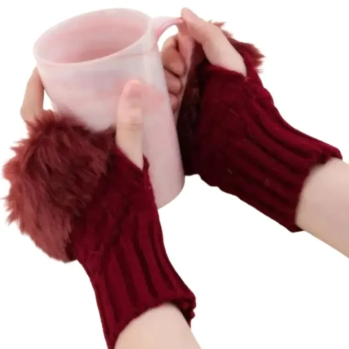 Women%E2%80%99s%20Faux%20Fur%20Fingerless%20Knitted%20Gloves%20%7C%20Warm%20Winter%20Hand%20Wrist%20Warmers%20%7C%20Soft,%20Stylish%20&%20Comfortable%20%7C%20Maroon%20-%20Image%202