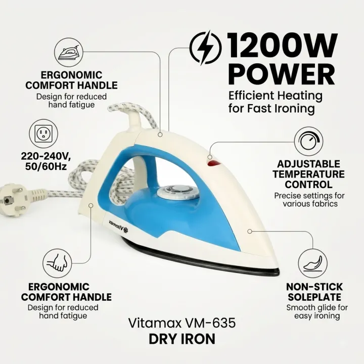 Vitamax%201200W%20Dry%20Iron%20with%20Variable%20Temperature%20Control%20and%20Spray%20Mist%E5%8A%9F%E8%83%BD,%20Ergonomic%20Design,%20Non-Stick%20Soleplate%20-%20Image%203