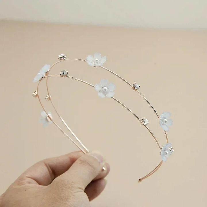 New Double Layer Metal Hairband Flower Pearl Headband for Women Headwear Shiny Rhinestone Hair Band Hoop Hair Accessories