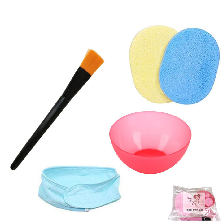 5 Pcs Facial Accessories Set - Mask Mixing Bowl - Facial Brush - Hair Band - 2 Face Wash Cleansing Sponge Makeup Remover Puff