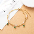 Emerald pendant with multiple layers of crystal beads women's stainless steel fashionable jewelry gift summer beach anklet. 