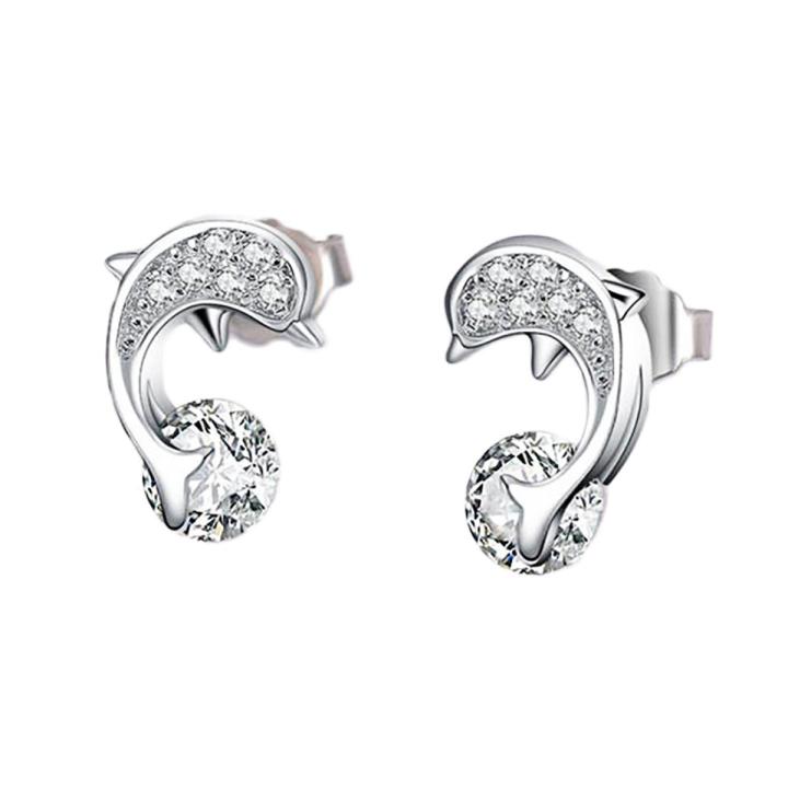 Fashion Women Lady Elegant Dolphin Ear Stud Earrings Gift Jewelry Rhinestone