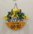 Elegant MDF Wooden Welcome Sign | 12-Inch Round Hanging Decor for Front Door/Wall | Handcrafted with Floral Bunch & "Welcome to Home" Handwritten Text. 