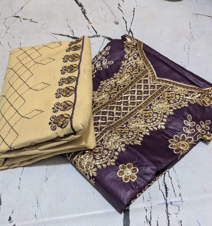 Cotton Panel Embroidered 2PC Suit for Women – 2.5 Gaz Embroidered Shirt with Side Sleeves & 2.5 Gaz Trouser | Unstitched Summer Collection