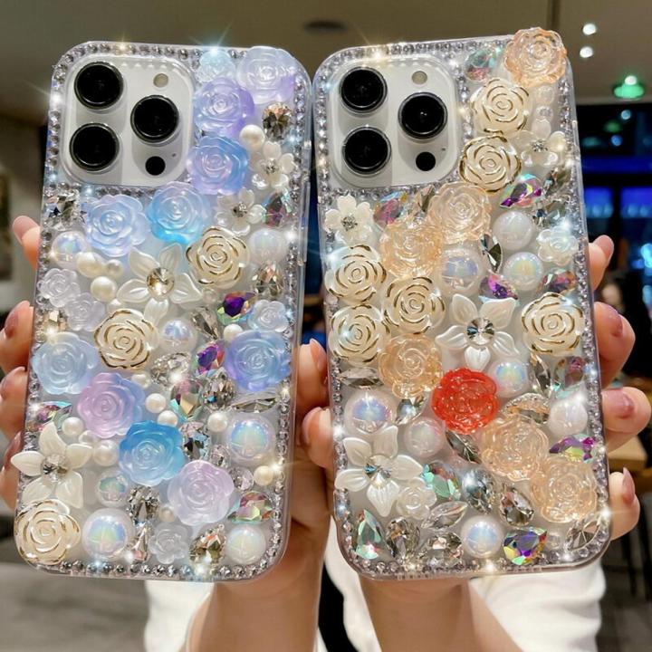For iPhone 14 Pro Max 13 12 for iPhone 11 3D Flower Acrylic Beads Phone Case Cover Bling
