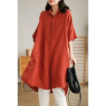 Yfashion Women Linen Shirt Retro Button Design Half-sleeve Solid Color Casual Mid-length Blouse Tops color. 
