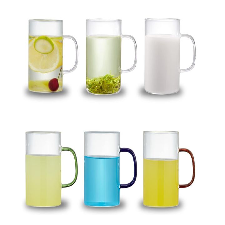 Techmanistan Set of 6 - Glass Cups with Multicolor Handles - 330ml, Glass Coffee Mug, Glass Coffee Mugs with Handle, Beverage Mugs, Drinking Glass, Crystal Clear Transparent Tea Cup Mug