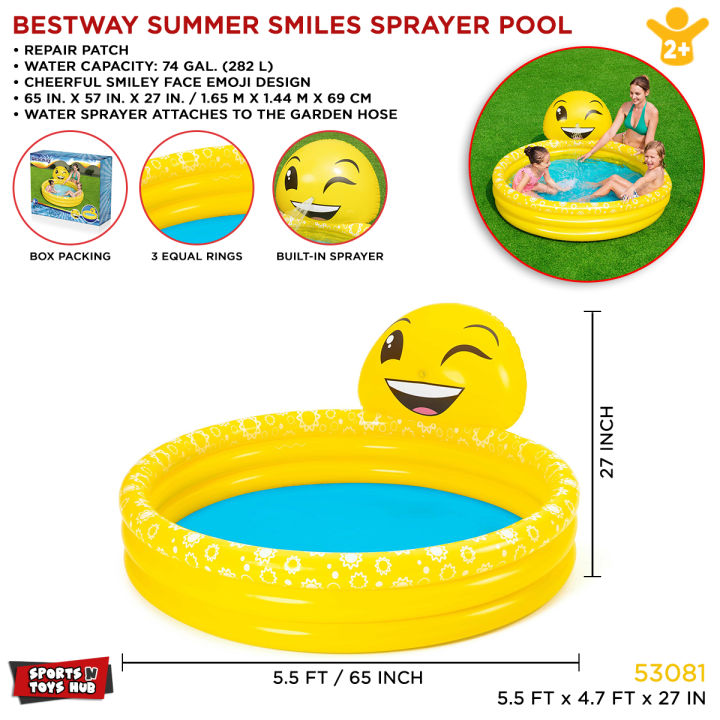 5 Ft+ Bestway Inflatable Summer Smile Spray Splash Play Swimming Pool For Kids Pool With 3 Ring Sidewall Printed Colorful Swimming Pool With Smiley Emoji Face Water Splash Kid Play Fun Party Game Indoor & Outdoor Picnic With Family Easy & Simple Code53081