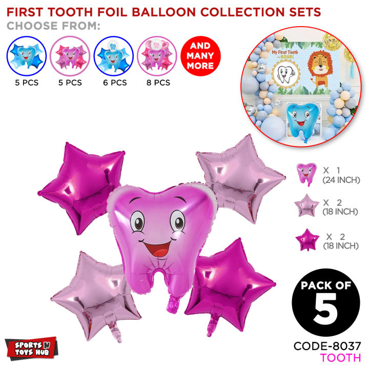 First Tooth Decoration Set of 5 Pcs Foil Balloons, Baby Boy & Baby Girl 1st Teeth, Chrome Metallic Foil Baloon For Birthday Parties Decoration, Party Supplies, Kids Milestone Memory First tooth party, Pink & Blue Memories Baby Celebration : WlPW7yLm