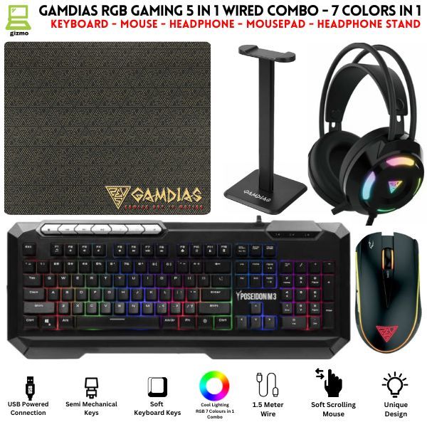 RGB Gaming Keyboard & Mouse & Headphone & Mousepad & Headphone Stand 5 in 1 Wired Combo - 7 RGB Colors In Combo - 5 Product USB Wired RGB Pack For Gaming - Compatible With PC & Laptop - Black