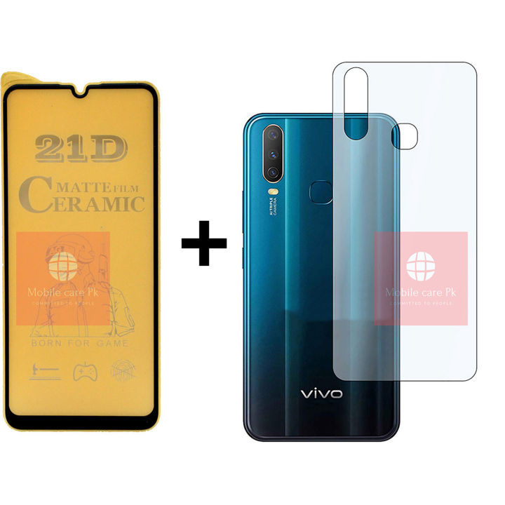 Vivo Y17 Matte Glass Fiber Glass Protector + Back Protector Carbon Fiber Matte Soft Skin Sheet For Vivo Y17