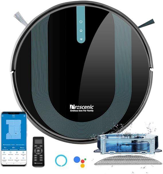 Proscenic 850T Robot Vacuum Cleaner, 3000Pa Strong Suction Robotic Vacuum and Mop, App and Alexa Voice Control, Super Thin, Boundary Strips Included, Self-Charging, for Hard Floor & Low Pile Carpet