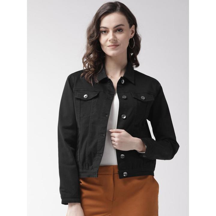 CLOTHING FOSH Women Black Solid Denim Jacket