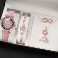 6-piece Luxury Watch and Jewelry Set for Women, Quartz Watch with Diamond Necklace and Bracelet. 