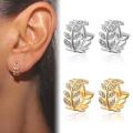 1Pairs Elegant Leaf Shape Hoop Earrings Rhinestone Surround Small Hoop Earrings Mini Circle Earring Jewelry Gift. 