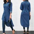 Women Casual Long Sleeve Jeans Shirt Turn Down Collar Long Denim Tops. 