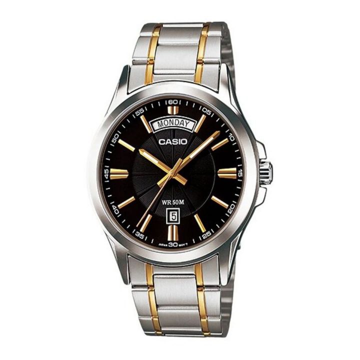 Casio Enticer Black Dial Day & Date with Silver & Golden Bracelet Men's Watch - MTP-1381G-1AVDF