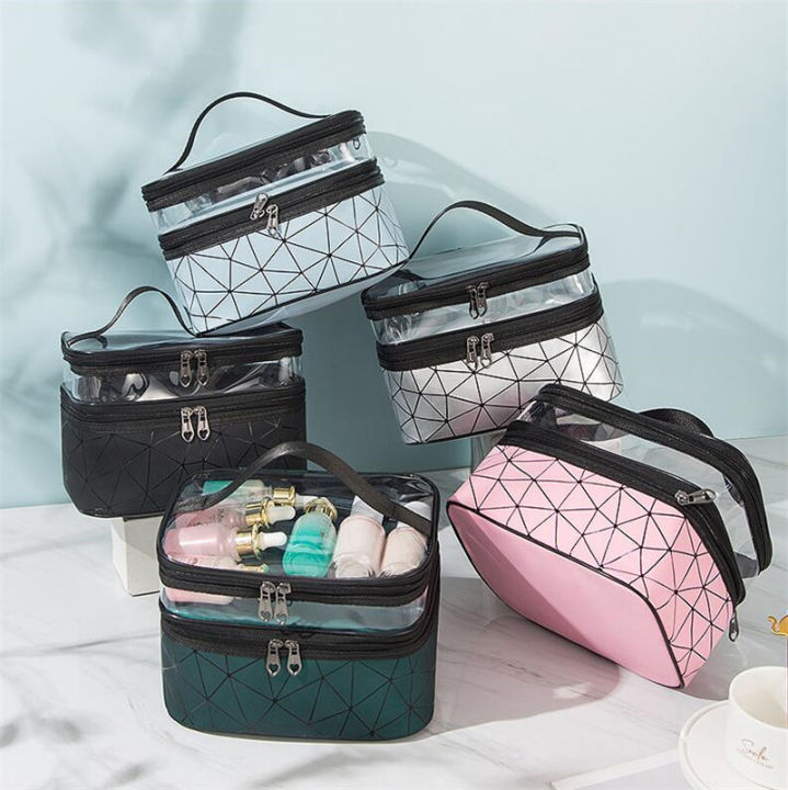 Foldable Double Layer Zipper Makeup Bag Cosmetic bag Clear Travel Cosmetic Storage Case Toiletry Bag Water-resistant for Women