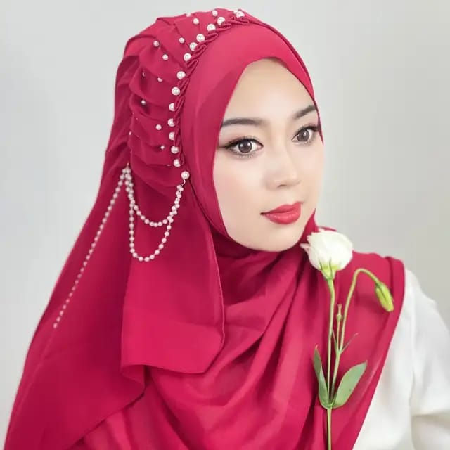 Fancy Hijabs Beaded Tassel Hijab For Girls Solid Color Arab Women Shiny Soft Easy to Wear Turkish Head Wrap Scarf