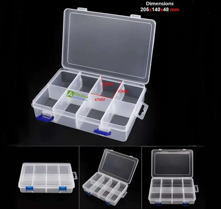 Transparent%20Plastic%20Tool%20Box%20V-200%20Component%20Box%20Parts%20Box%208%20Sections%20Adjustable%20Tray%20Storage%20Box%20for%20Stationery%20,%20Tools%20and%20Crafts%20by%20Electrica%20-%20Image%202